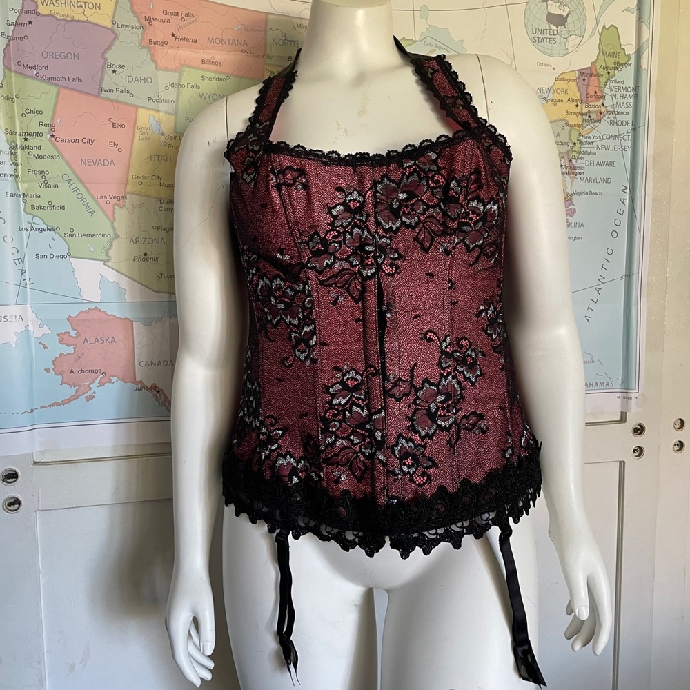 Frederick's of‎ Hollywood size 38 pink floral lace halter corset Style #7615